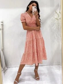 GENKIRA Allover Print Puff Sleeve A-line Dress - Rusty Rose - View 5