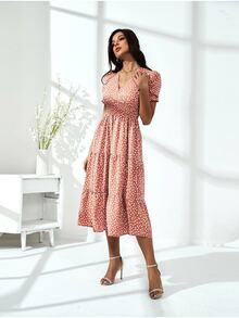 GENKIRA Allover Print Puff Sleeve A-line Dress - Rusty Rose - View 6