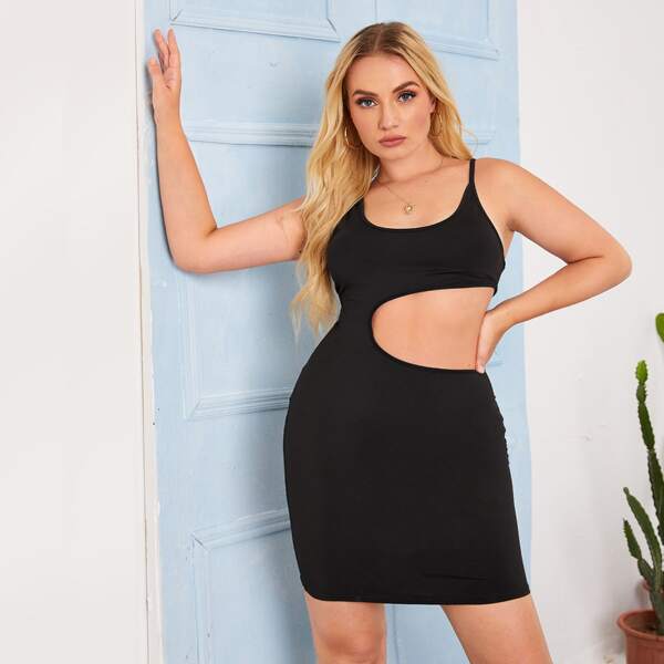 

Plus Solid Peekaboo Bodycon Dress, Black