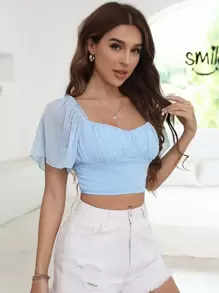 SHEIN Unity Swiss Dot Ruched Bust Crop Top - Blue - View 5