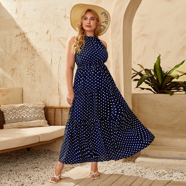 

Plus Halterneck Belted Ruffle Hem Polka Dot Dress, Navy blue