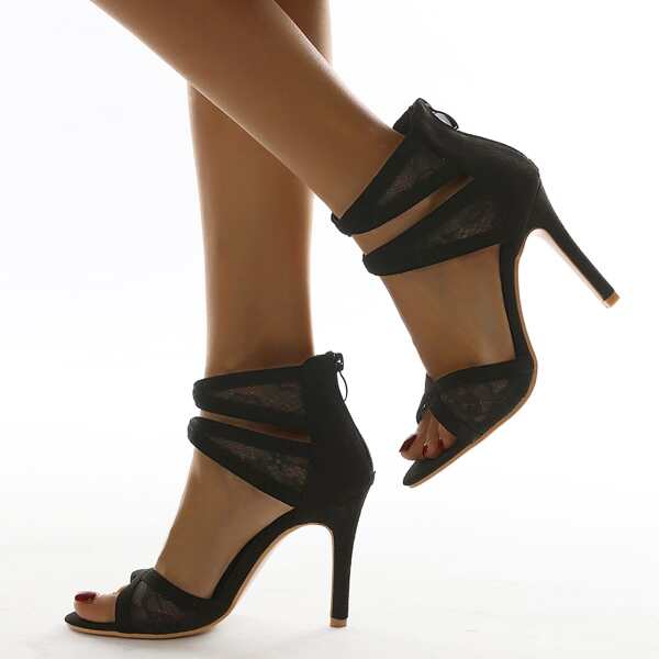 

Back Zipper Floral Lace Stiletto Heeled Sandals, Black