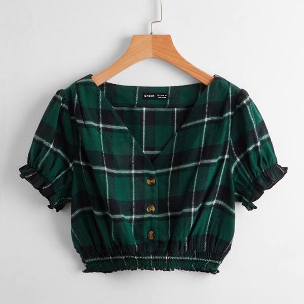 

Tartan Puff Sleeve Button Front Shirred Top, Dark green