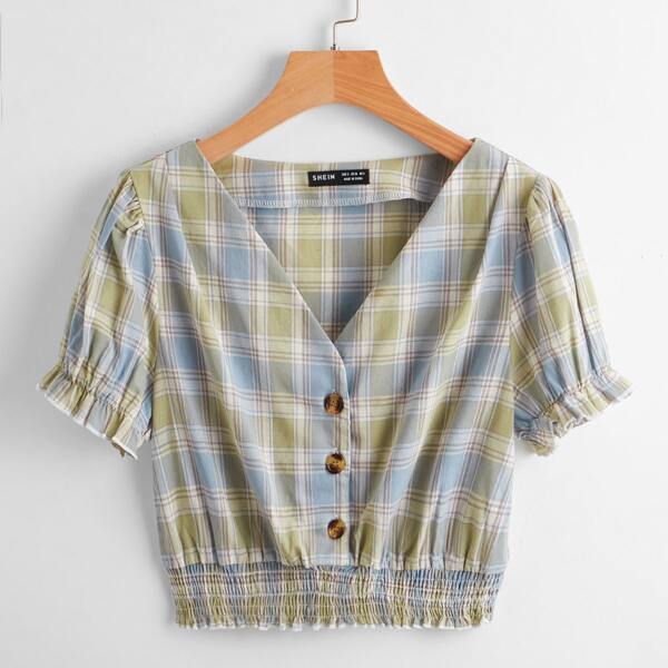 

Tartan Puff Sleeve Button Front Shirred Top, Multicolor