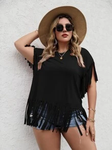 SHEIN LUNE 大碼流蘇下擺素色T恤 - 黑色 - 查看 4