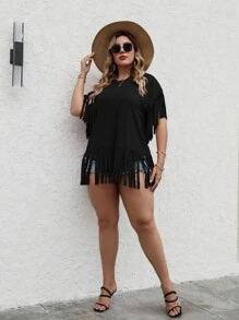 SHEIN LUNE 大碼流蘇下擺素色T恤 - 黑色 - 查看 5
