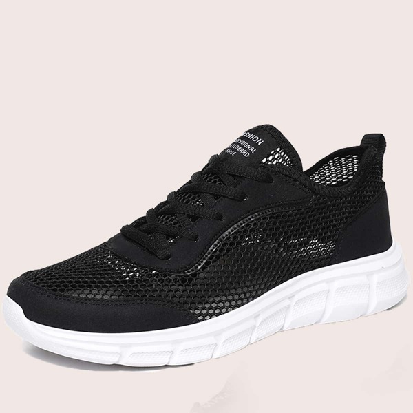 

Men Mesh Panel Lace-up Front Sneakers, Black
