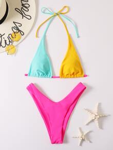 Color Block Micro Triangle Bikini Set - Multicolor - View 4