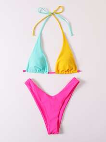 Color Block Micro Triangle Bikini Set - Multicolor - View 5