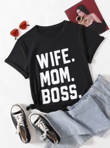 Flirla Plus Slogan Graphic Tee WIFE MOM BOSS For Summer - Black - View 1