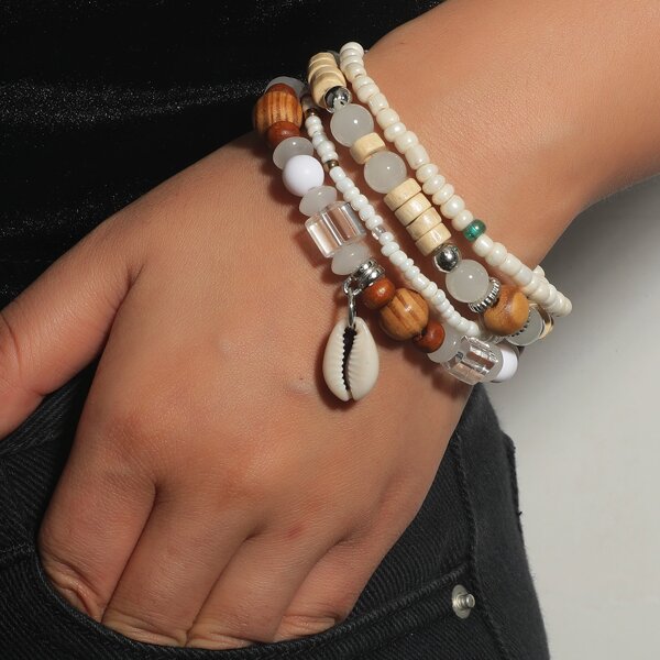 

4pcs Shell Charm Beaded Bracelet, Beige