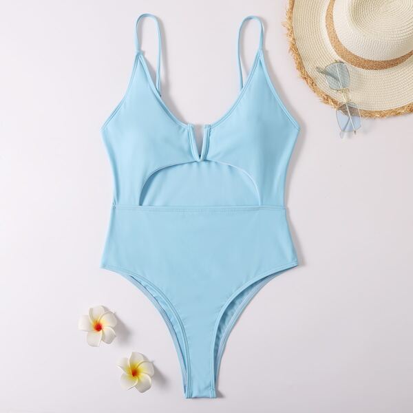 

Cut-out V Wired One Piece Swimsuit, Baby blue