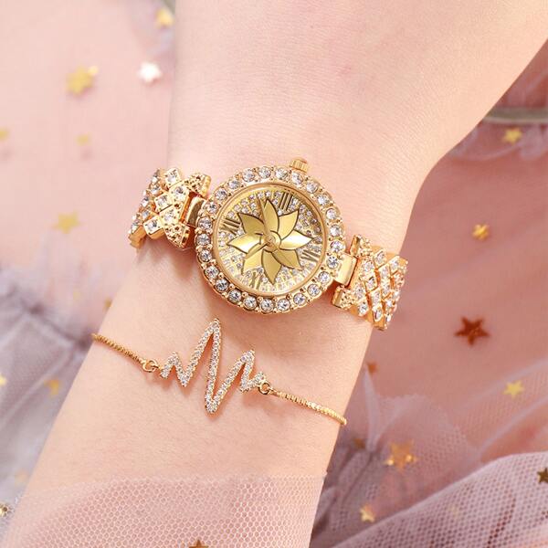 

1pc Rhinestone Decor Round Pointer Watch & 1pc Bracelet
