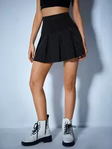 SHEIN Unity Striped Print Pleated Skirt - Black - View 5