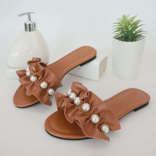 

Faux Pearl Decor Ruffle Slide Sandals, Brown
