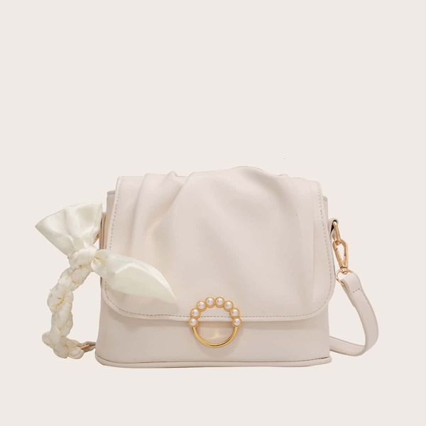 

Faux Pearl Decor Ruched Design Crossbody Bag, Beige