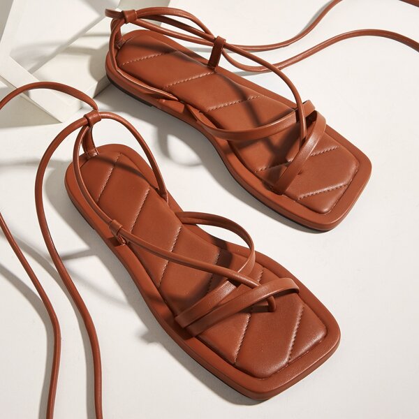 

Thin Strap Tie Leg Flat Thong Sandals, Brown
