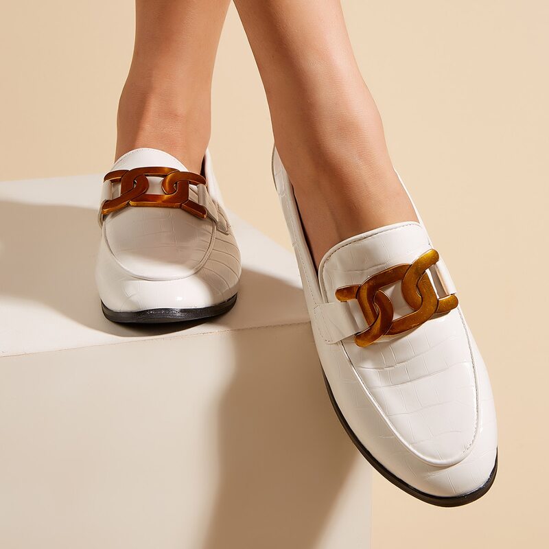 

Chain Decor Croc Embossed Flat Loafers, White