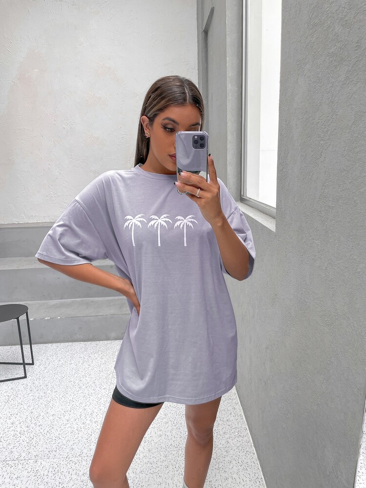 SHEIN Unity Drop Shoulder Coconut Tree Print Longline Tee - Lilac Purple - View 3