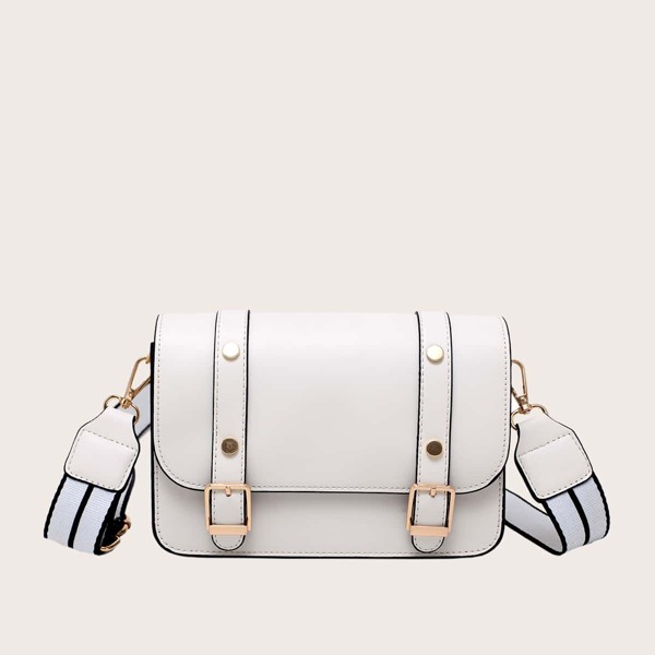 

Double Buckle Decor Flap Crossbody Bag, White