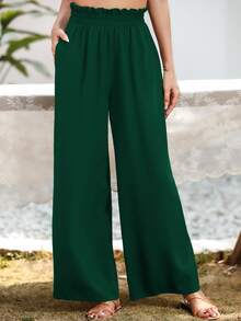 SHEIN Essnce Pantalones de pierna ancha con bolsillo oblicuo - Verde - Ver 3