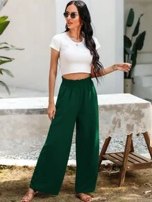 SHEIN Essnce Pantalones de pierna ancha con bolsillo oblicuo - Verde - Ver 5