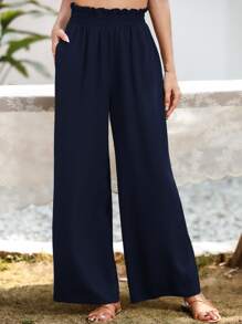 SHEIN Frenchy Pantalones Anchos Con Bolsillo Oblicuo - Azul Marino - Ver 3