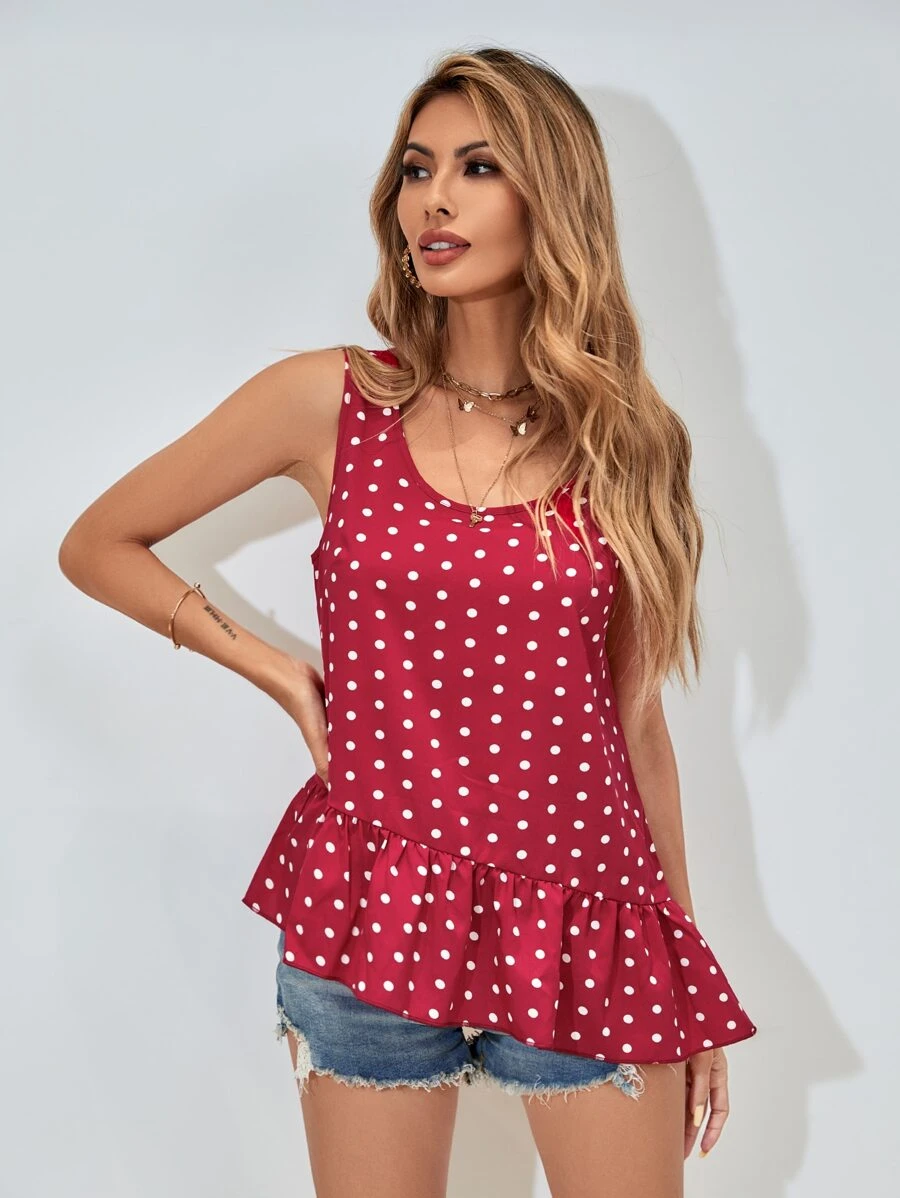 Polka Dot Asymmetric Ruffle Hem Blouse