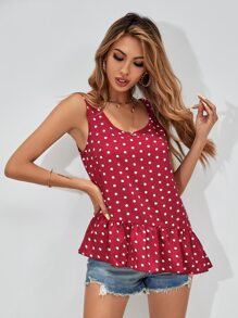 Polka Dot Asymmetric Ruffle Hem Blouse