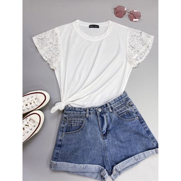 

Contrast Lace Crew Neck Tee, White