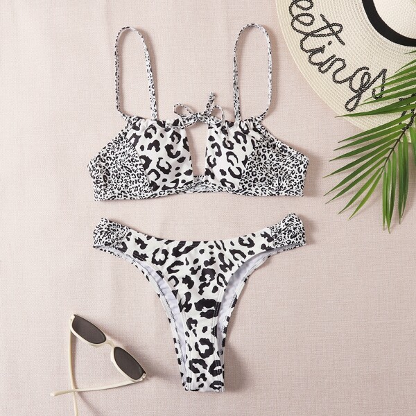 

Allover Graphic Knot Bikini Swimsuit, Black and white