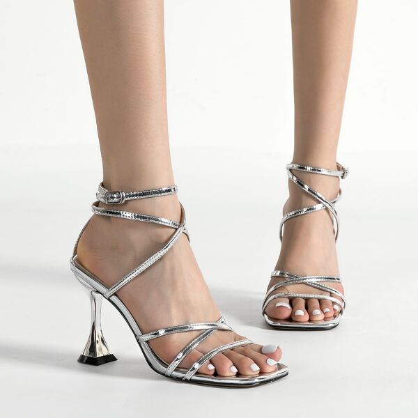 

Metallic Design Pyramid Heeled Strappy Sandals, Silver