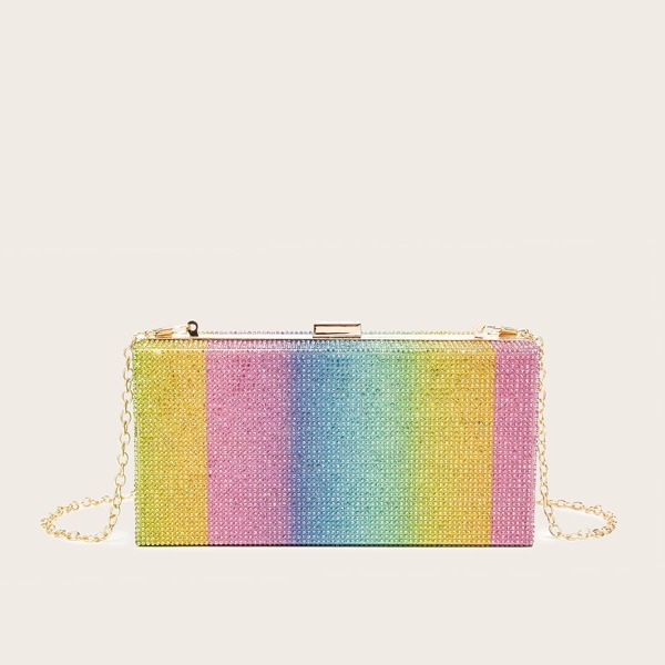 

Color Block Rhinestone Chain Box Bag, Multicolor