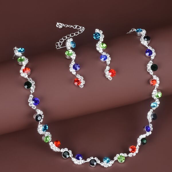 

3pcs Rhinestone Decor Jewelry Set, Silver