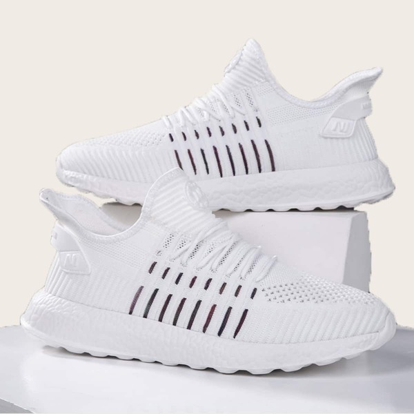 

Men Lace Up Decor Knit Running Shoes, White