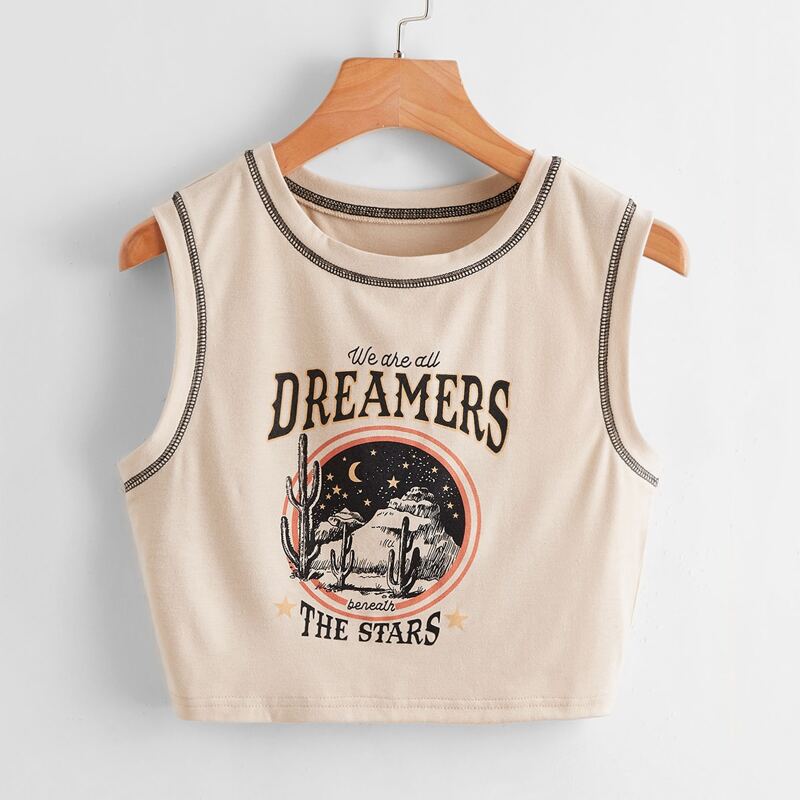 

Stitching Trim Letter Cactus Graphic Tank Top, Apricot