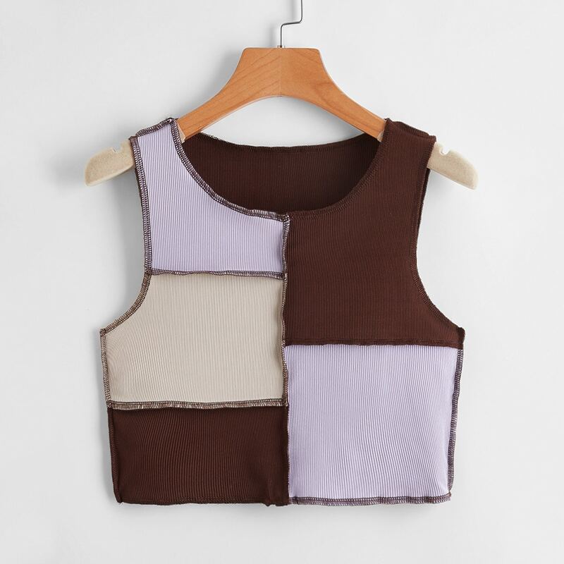 

Stitching Trim Colorblock Ribbed Tank Top, Multicolor