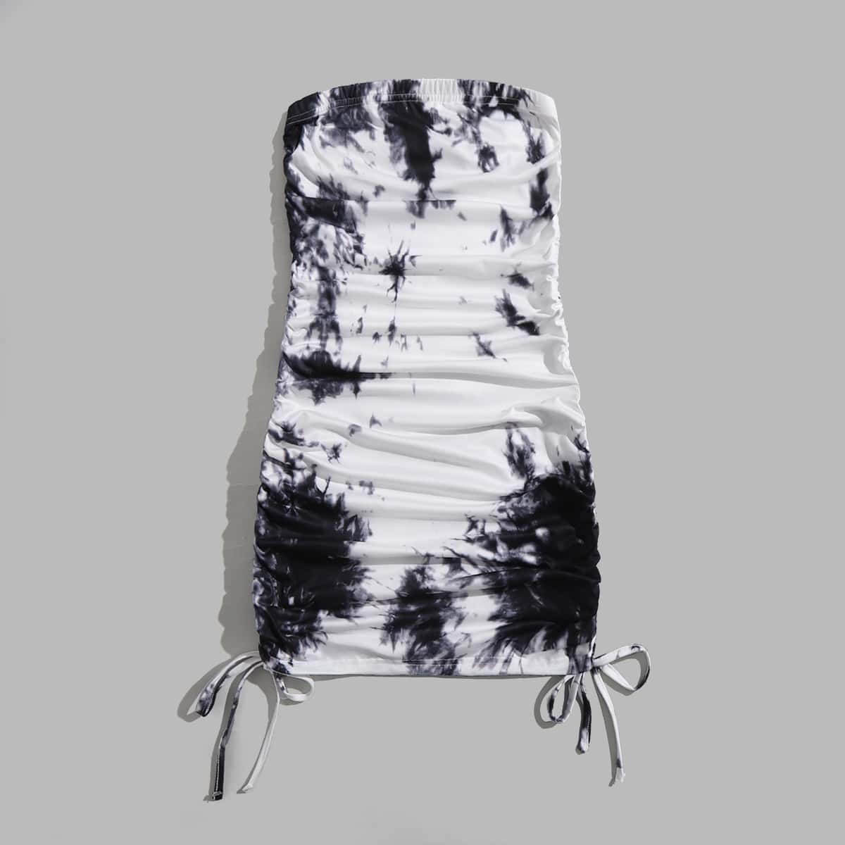 

Tie Dye Drawstring Ruched Tube Dress, Black and white