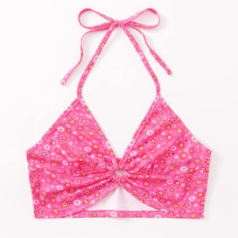 

Ditsy Floral Ring Decor Halter Top, Pink