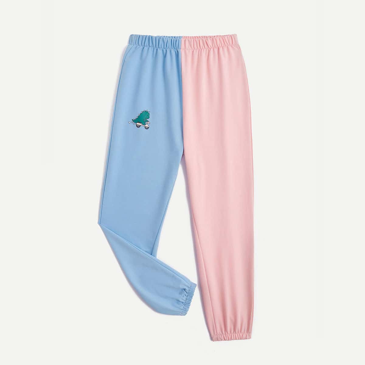 

Cartoon Dinosaur Graphic Two Tone Sweatpants, Multicolor