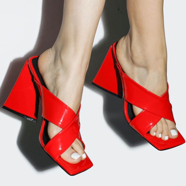 

Minimalist Cross Strap Sculpture Heeled Mules, Red