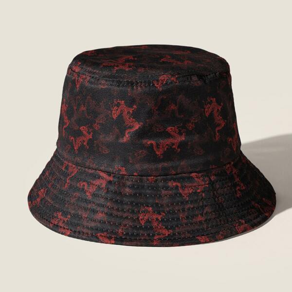 

Chinese Dragon Print Bucket Hat, Black