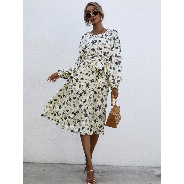 

Floral Print Belted Lantern Sleeve Dress, Multicolor