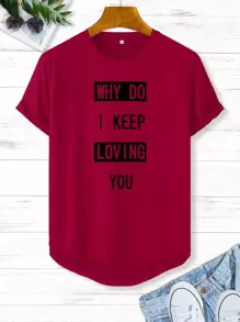 Manfinity Men Slogan Print Curved Hem Tee - Burgundy - View 1