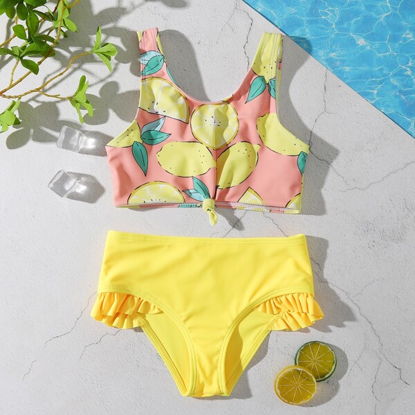 

Toddler Girls Lemon Print Knot Hem Bikini Swimsuit, Pink