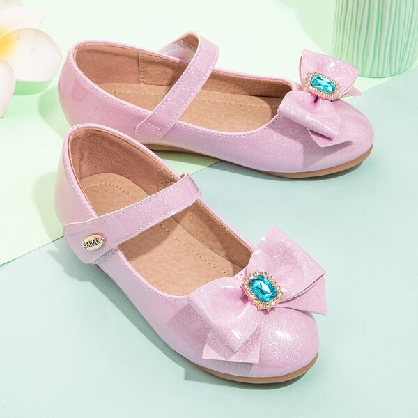 

Girls Bow Decor Velcro Strap Flats, Pink