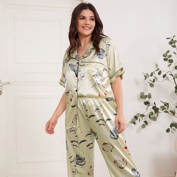 

Plus Satin Floral Print PJ Set, Green