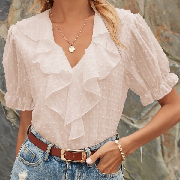 

Swiss Dot Ruffle Trim Flounce Sleeve Blouse, Apricot