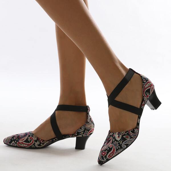 

Paisley Graphic Cross Strap Pumps, Black