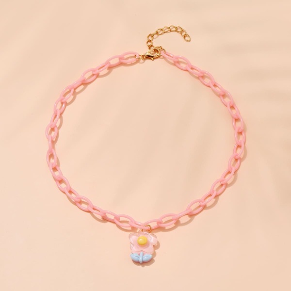 

Girls Flower Charm Necklace, Pink